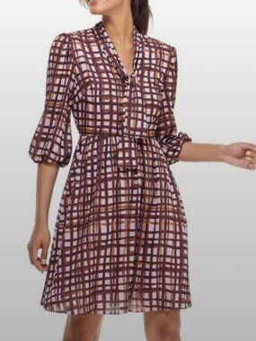 NWT Gal Meets Glam “Lindsey” Windowpane Print Tie Neck Dress - 14